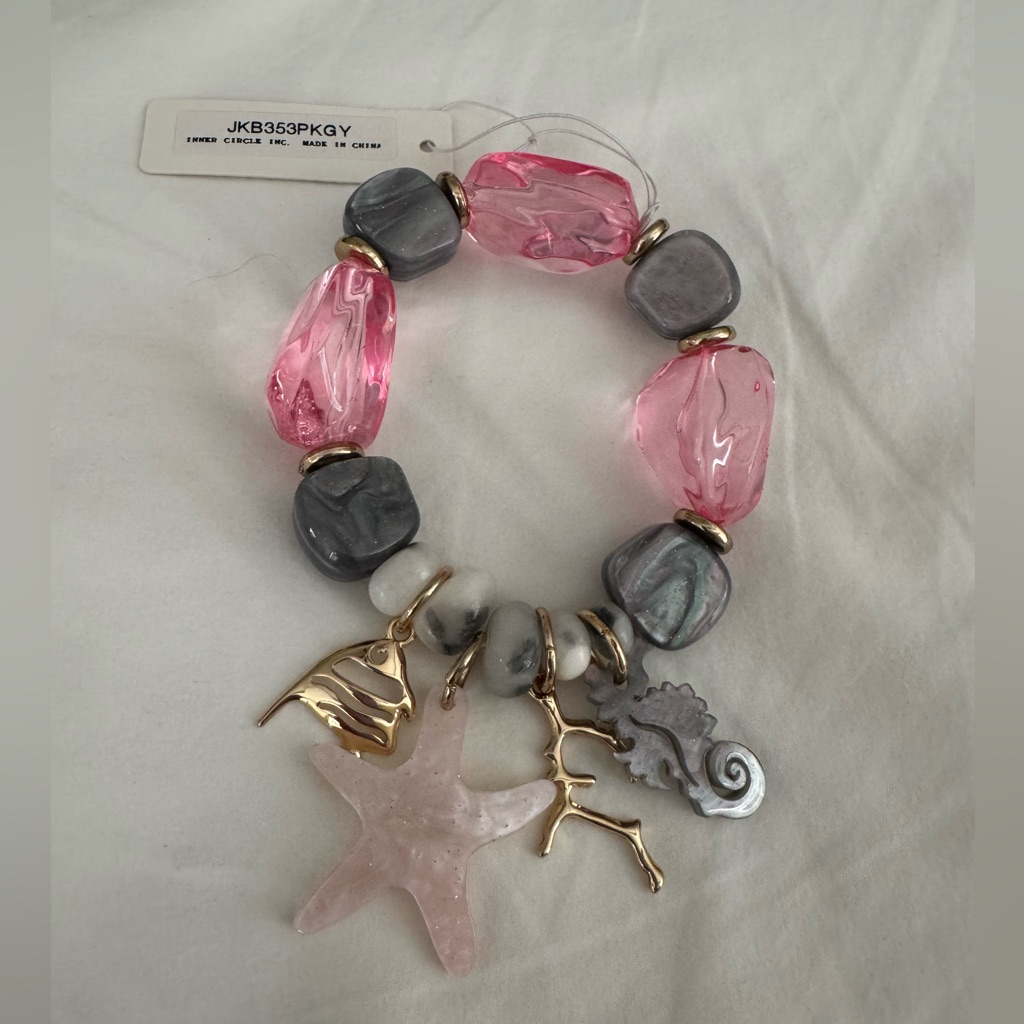 Pink & Gray Beaded Charm Bracelet With Sea Life Charms-New